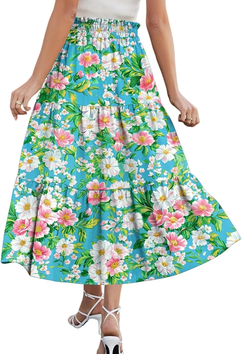 Stylish Summer Party Skirt Women Full Hems Comfy Baggy Floral Expandable Waist Skirts