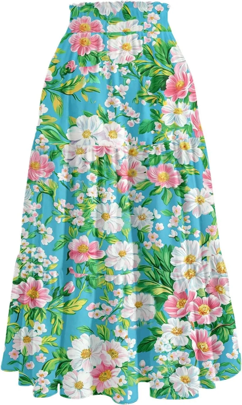 Stylish Summer Party Skirt Women Full Hems Comfy Baggy Floral Expandable Waist Skirts