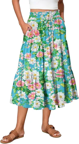 Stylish Summer Party Skirt Women Full Hems Comfy Baggy Floral Expandable Waist Skirts