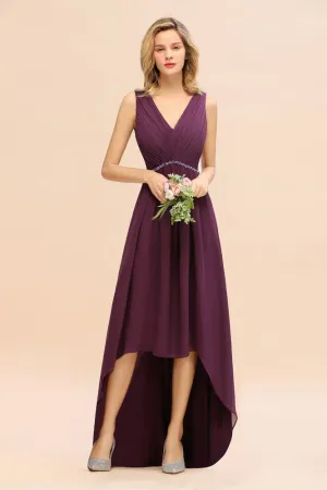 Stylish V-Neck Hi-Lo Party Dress A-line Beads Chiffon Bridesmaid Dress