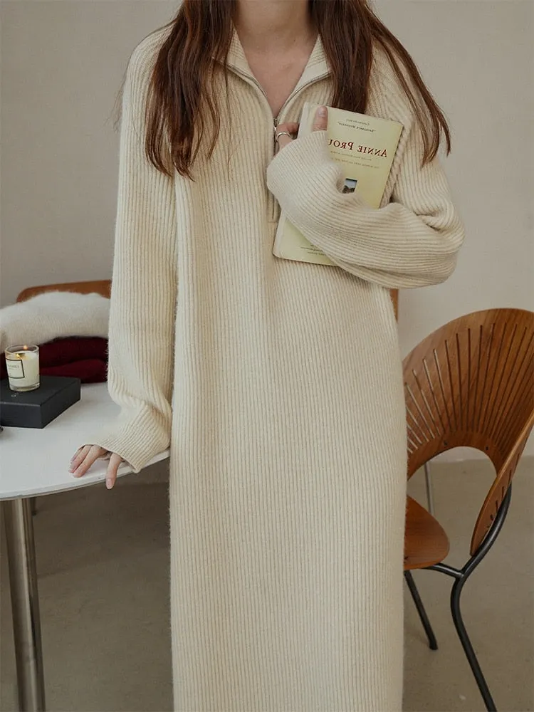 Stylish Women Zipper Turtleneck Loose Sweater Dress For Women Full