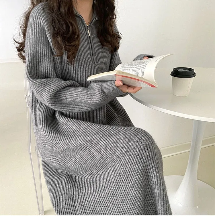 Stylish Women Zipper Turtleneck Loose Sweater Dress For Women Full