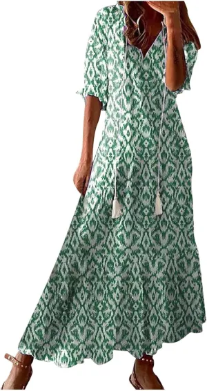 Summer Beach Dresses for Women Trendy Floral Printed Short Sleeve V Neck Maxi Dress Elegant Ladies Vacation Dress
