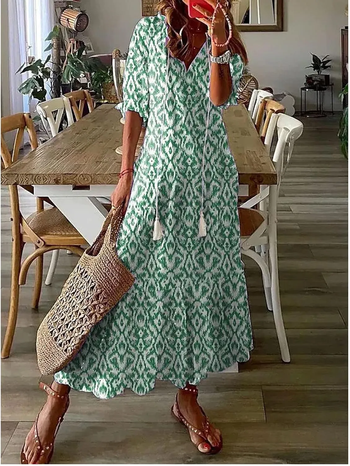 Summer Beach Dresses for Women Trendy Floral Printed Short Sleeve V Neck Maxi Dress Elegant Ladies Vacation Dress