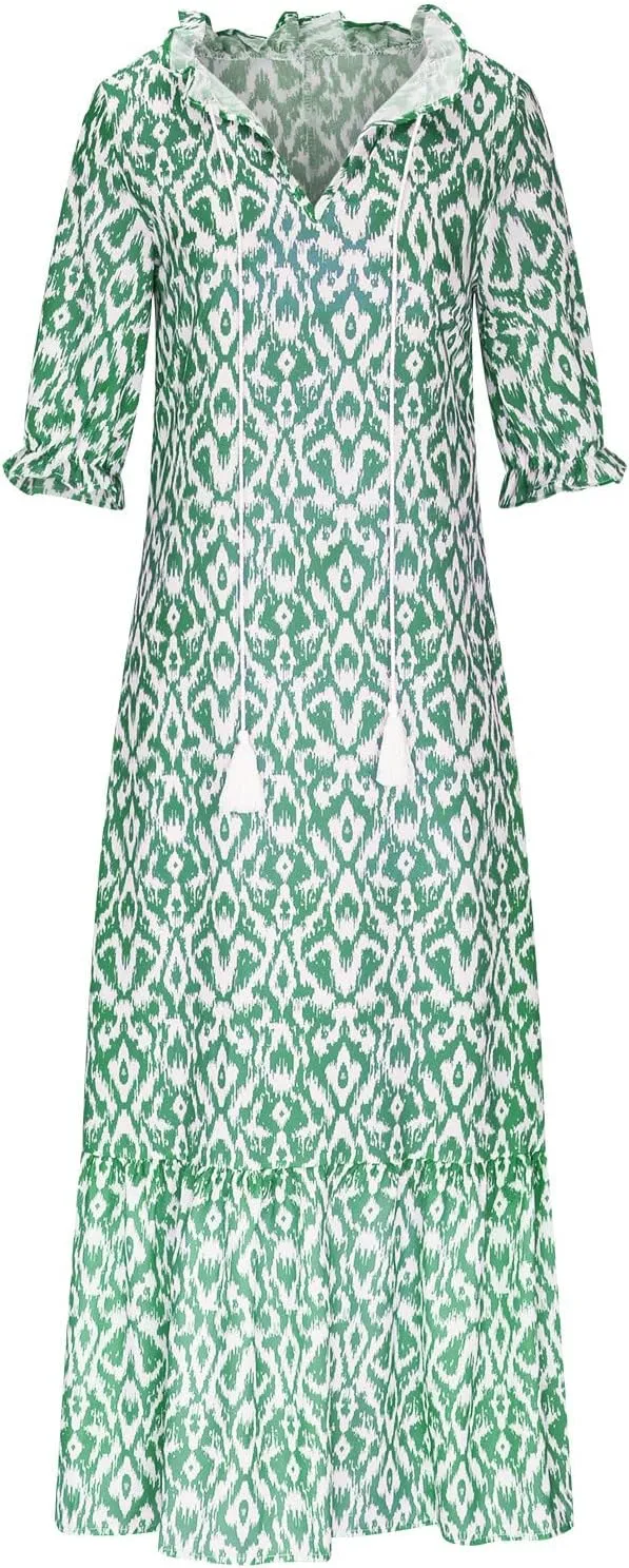 Summer Beach Dresses for Women Trendy Floral Printed Short Sleeve V Neck Maxi Dress Elegant Ladies Vacation Dress