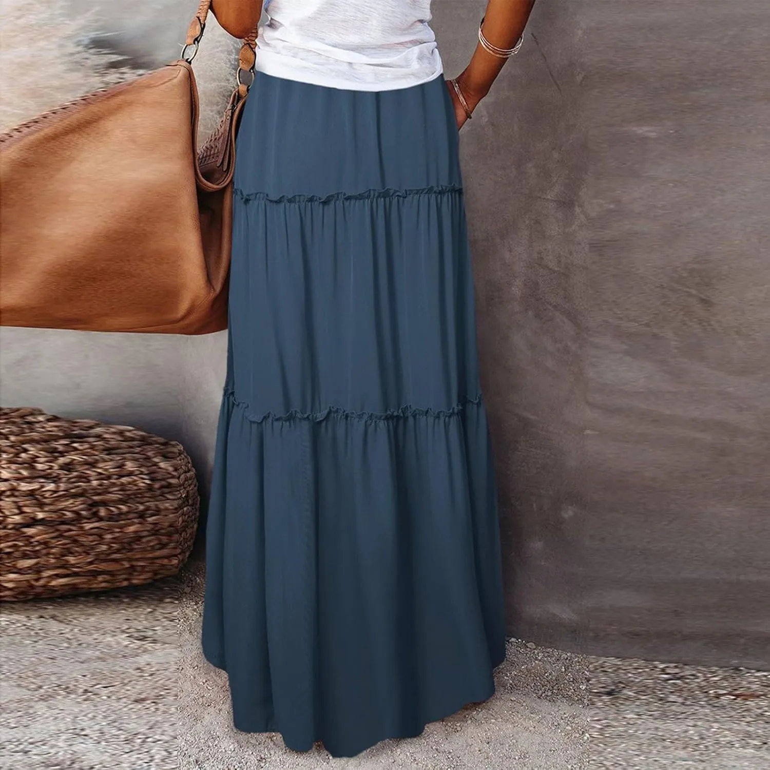 Summer Skirts for Women 2025 Vacation Pleated Long Skirt Maxi Length Tiered Swing Flowy Boho Beach Outfits w/Pockets