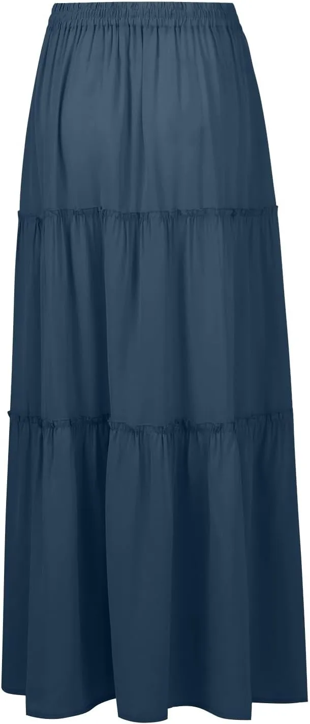 Summer Skirts for Women 2025 Vacation Pleated Long Skirt Maxi Length Tiered Swing Flowy Boho Beach Outfits w/Pockets