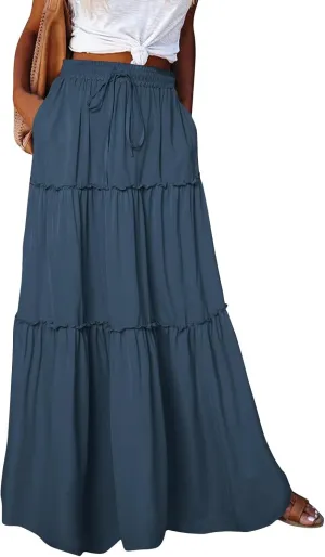 Summer Skirts for Women 2025 Vacation Pleated Long Skirt Maxi Length Tiered Swing Flowy Boho Beach Outfits w/Pockets