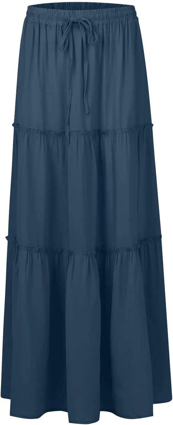 Summer Skirts for Women 2025 Vacation Pleated Long Skirt Maxi Length Tiered Swing Flowy Boho Beach Outfits w/Pockets