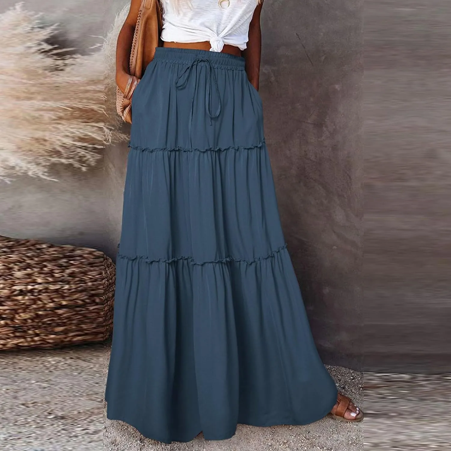 Summer Skirts for Women 2025 Vacation Pleated Long Skirt Maxi Length Tiered Swing Flowy Boho Beach Outfits w/Pockets