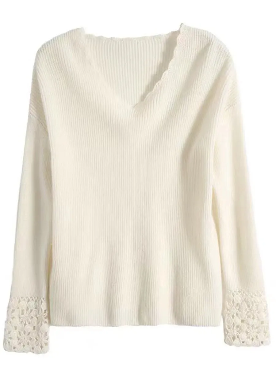 V-Neck Long-Sleeve Cashmere Sweater with Hollow Stitch Design
