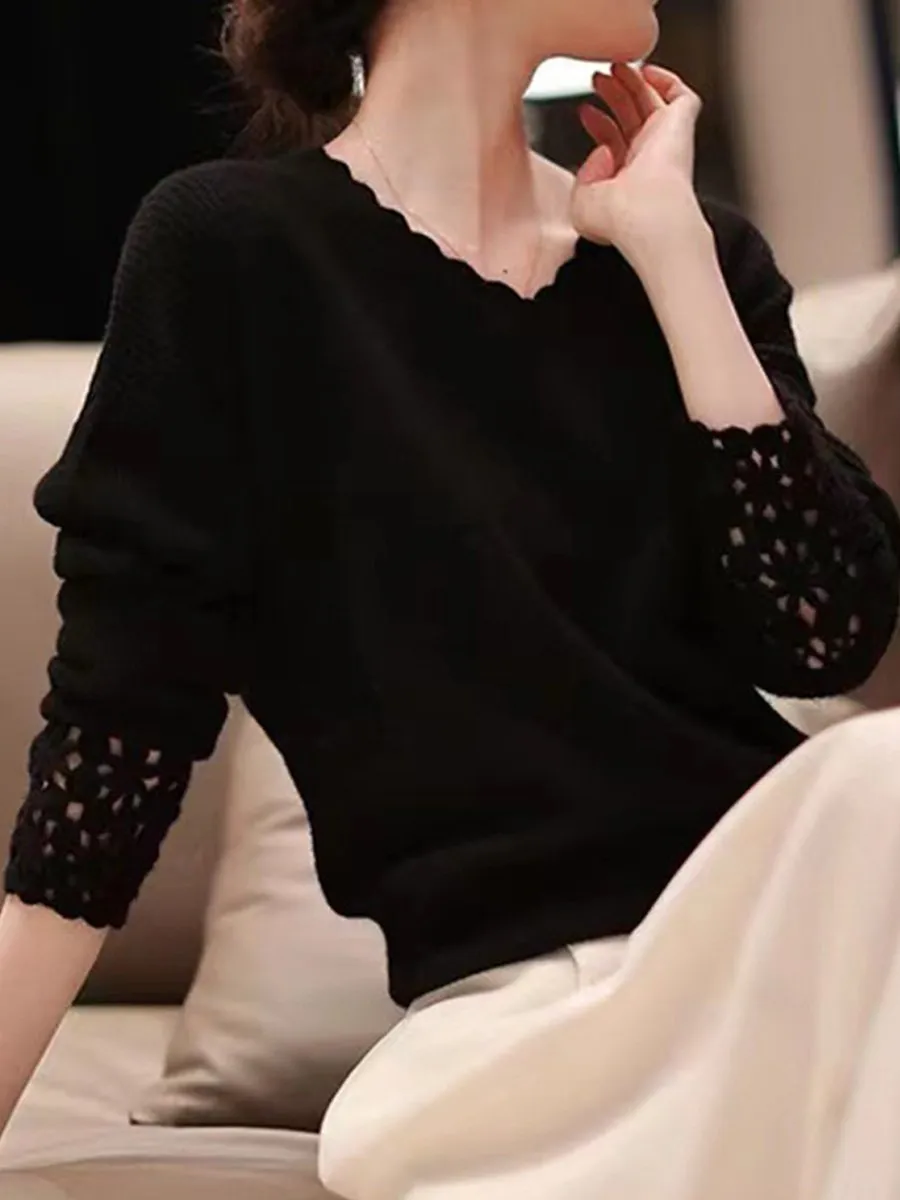 V-Neck Long-Sleeve Cashmere Sweater with Hollow Stitch Design