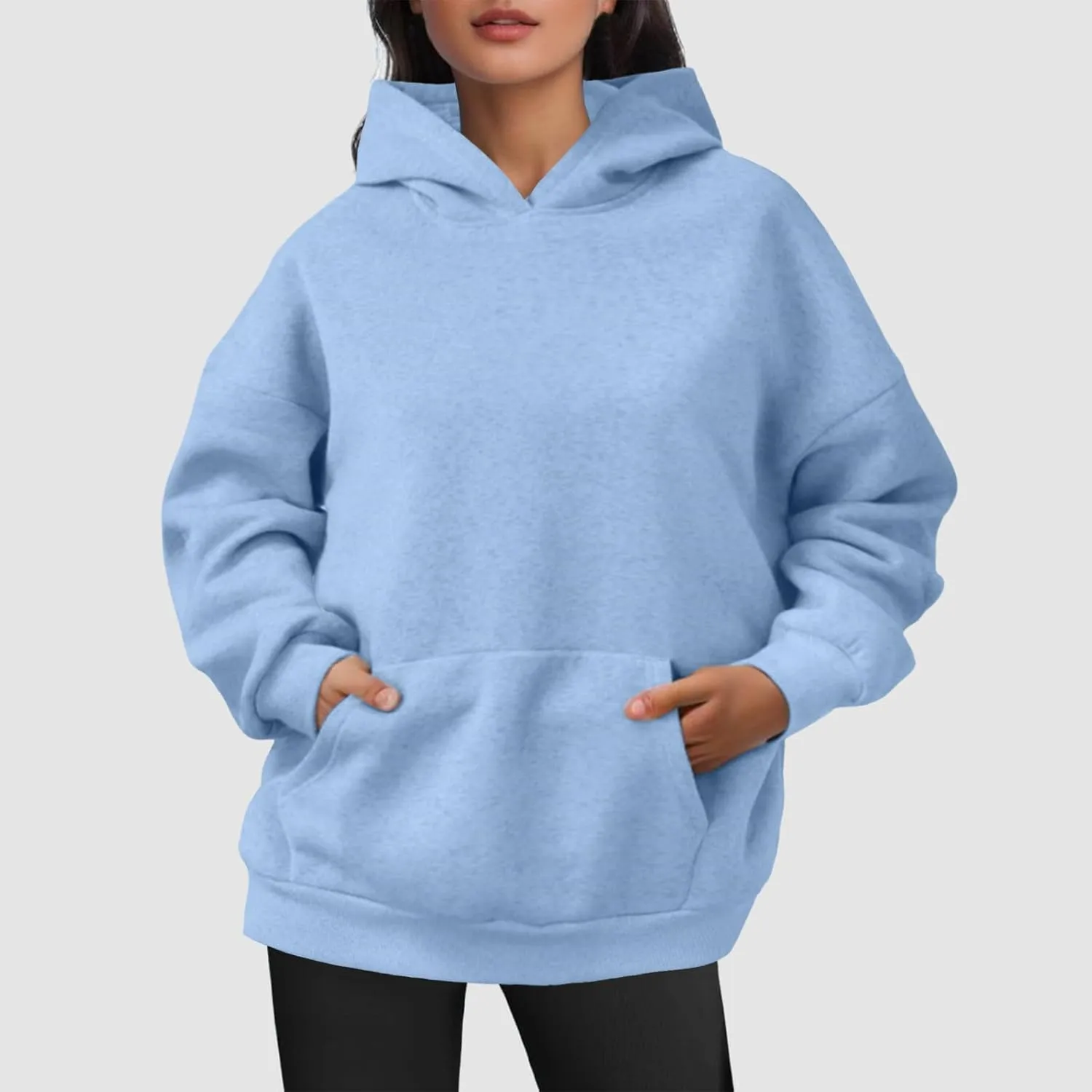 Women Hoodies Sweatshirts Trendy Oversized Hooded Sweater Solid Raglan Sleeve Pockets Pullover Loose Y2K Workout Tops