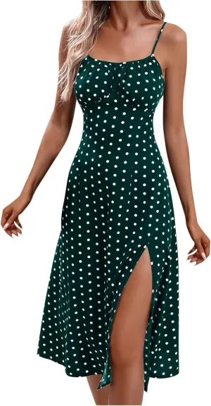 Women's Casual Dresses 2025 Summer Split Hem Boho Vacation Mini Dress Trendy Sleeveless Spaghetti Straps Sundress