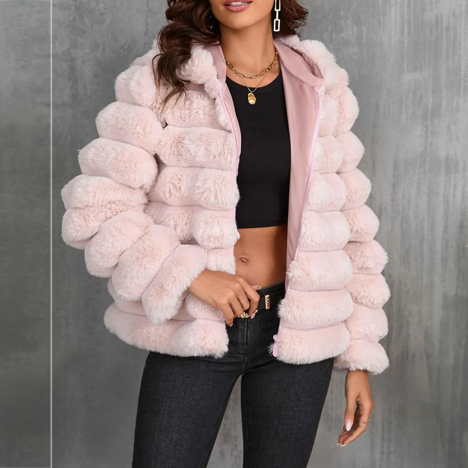 Womens Winter Faux Fur Coats Oversized Fluffy Fuzzy Fleece Jacket Plus Size Long Sleeve Thick Hoodies Outfits Tops