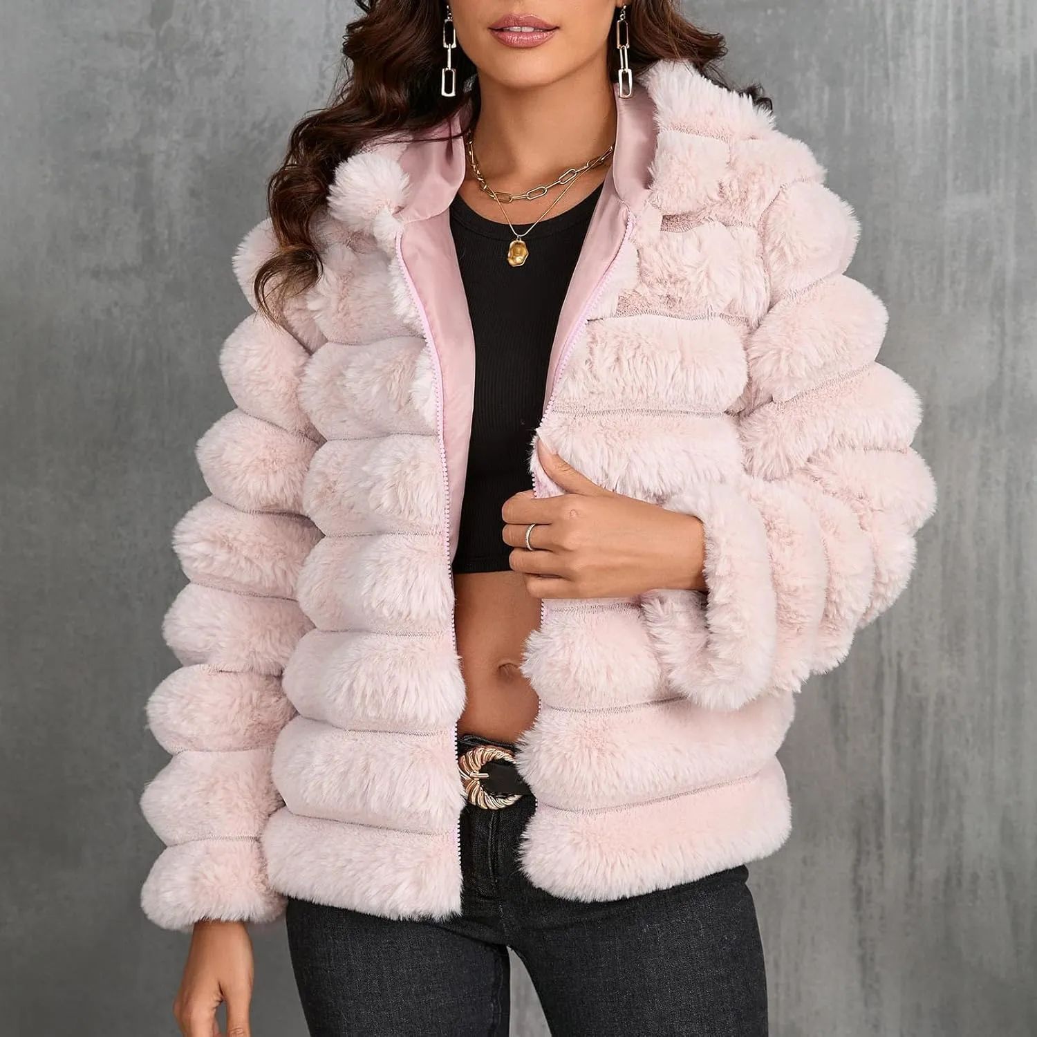 Womens Winter Faux Fur Coats Oversized Fluffy Fuzzy Fleece Jacket Plus Size Long Sleeve Thick Hoodies Outfits Tops