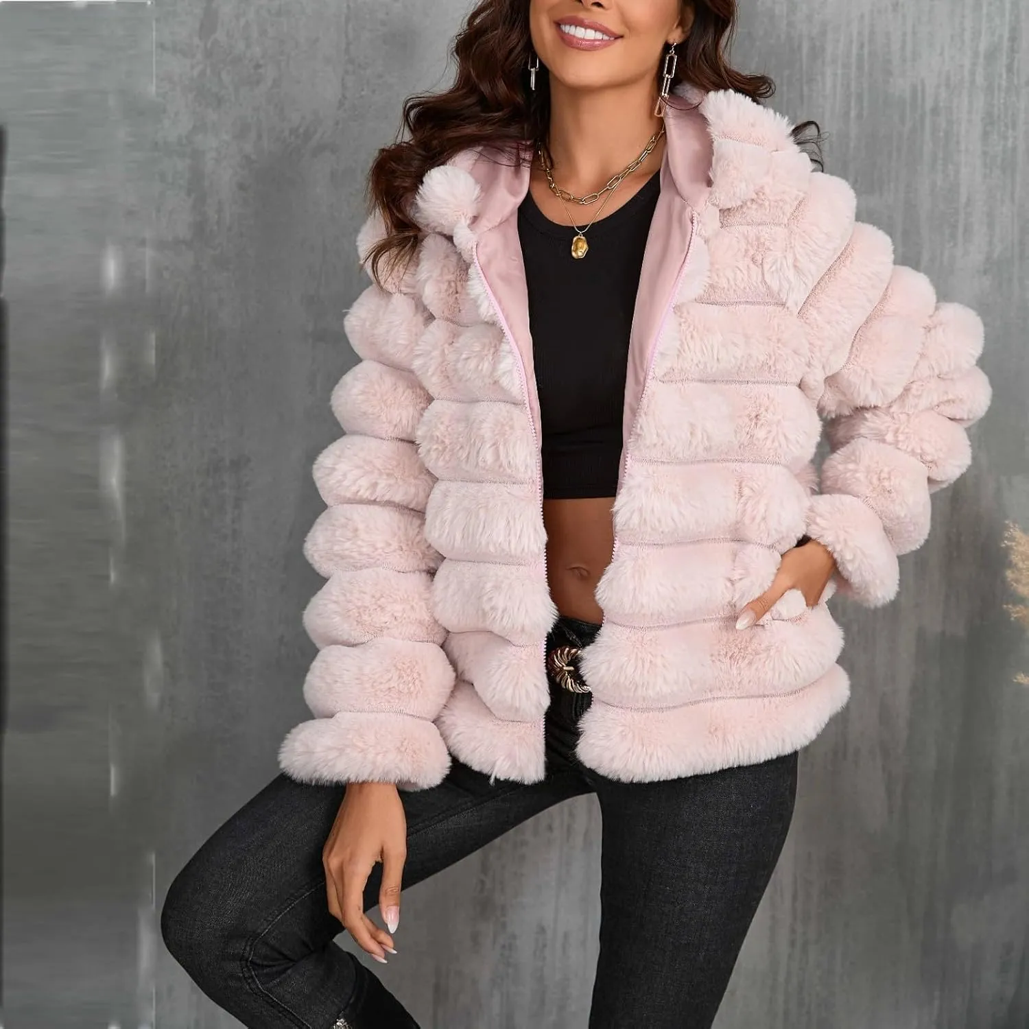 Womens Winter Faux Fur Coats Oversized Fluffy Fuzzy Fleece Jacket Plus Size Long Sleeve Thick Hoodies Outfits Tops