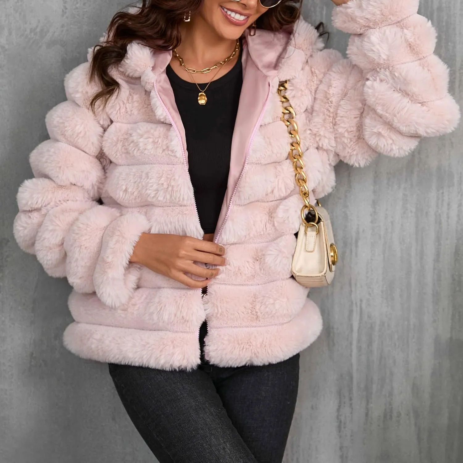 Womens Winter Faux Fur Coats Oversized Fluffy Fuzzy Fleece Jacket Plus Size Long Sleeve Thick Hoodies Outfits Tops