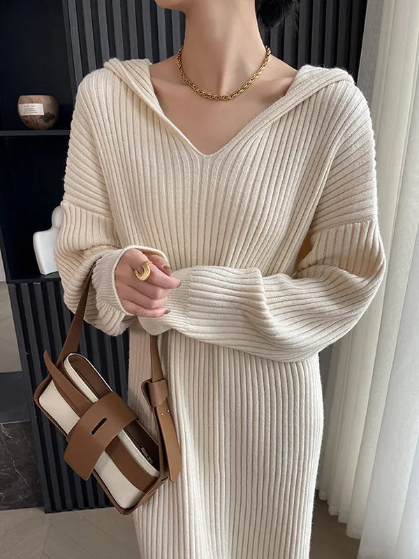 xakxx Stylish Long Sleeves Loose Solid Color Hooded Sweater Dresses