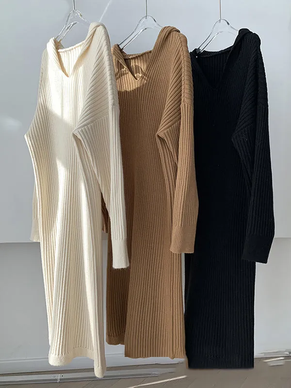 xakxx Stylish Long Sleeves Loose Solid Color Hooded Sweater Dresses