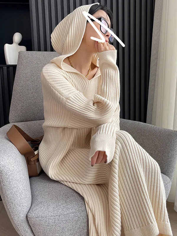 xakxx Stylish Long Sleeves Loose Solid Color Hooded Sweater Dresses