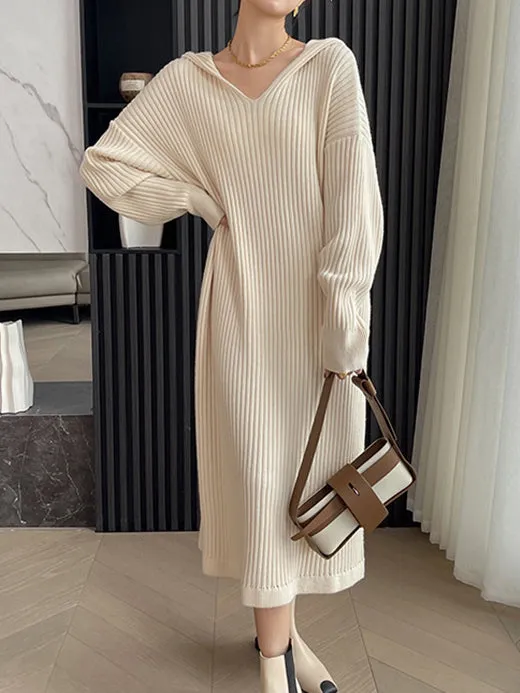 xakxx Stylish Long Sleeves Loose Solid Color Hooded Sweater Dresses