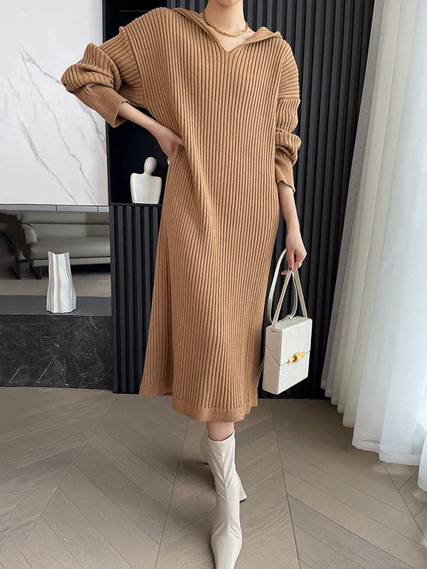 xakxx Stylish Long Sleeves Loose Solid Color Hooded Sweater Dresses