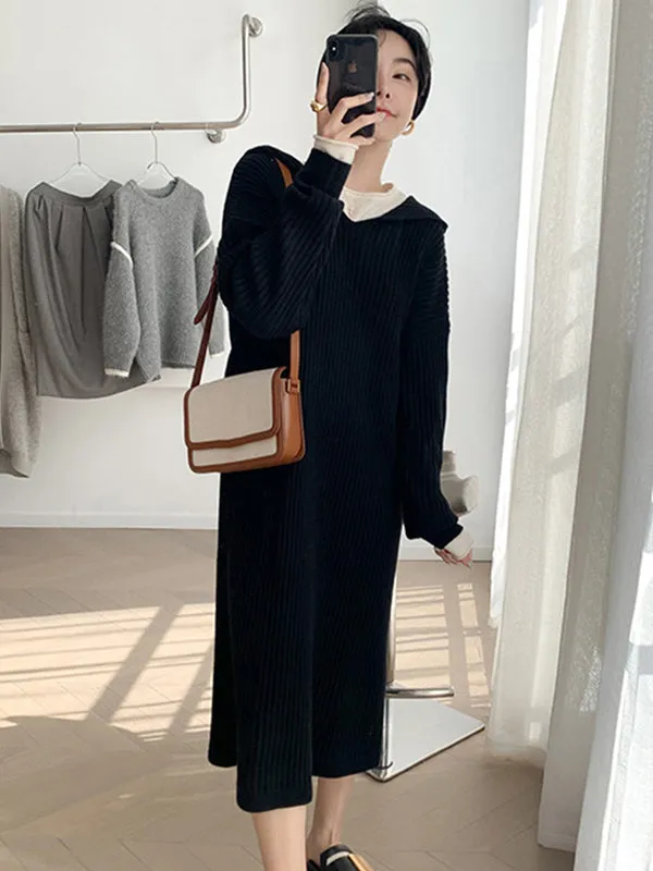 xakxx Stylish Long Sleeves Loose Solid Color Hooded Sweater Dresses